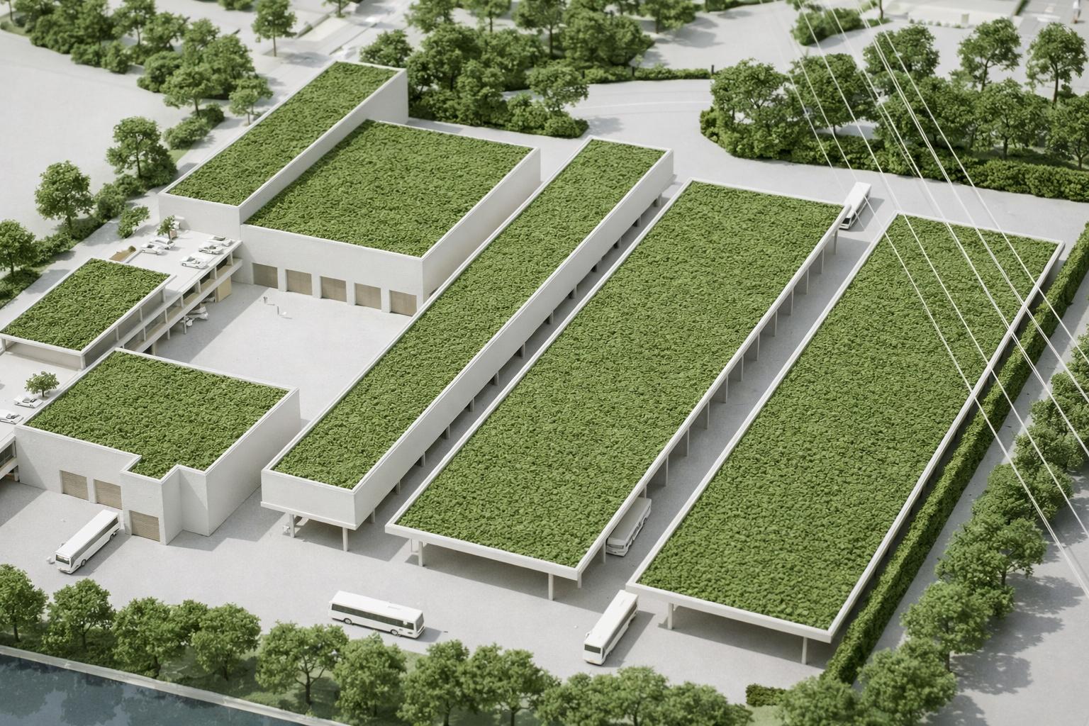 Begrünte Carport-Dächer mit Solarmodulen am E-Bus-Betriebshof Meiendorf