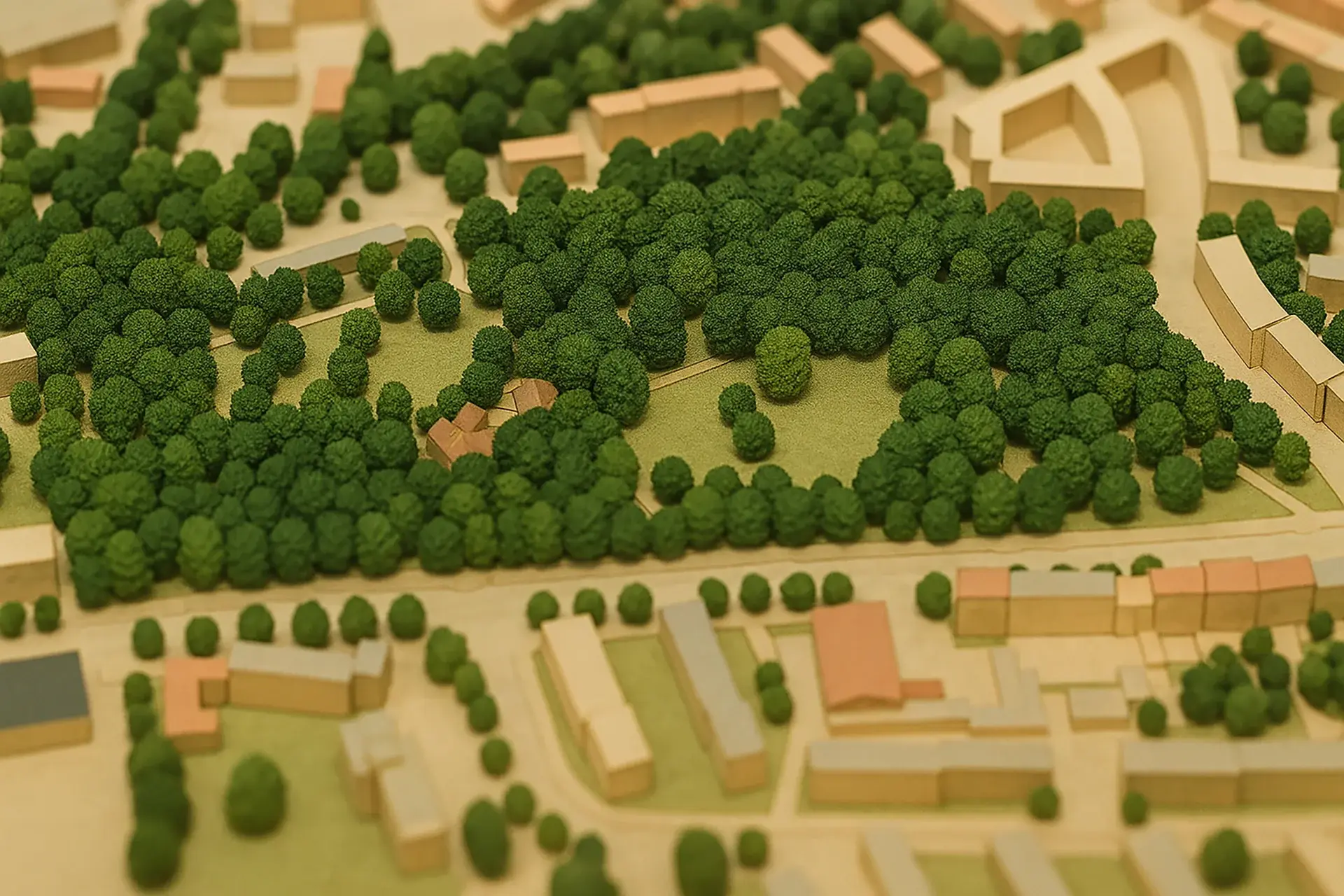 Blohms Park Hamburg-Horn – historische Grünanlage mit altem Baumbestand aus der Vogelperspektive im Architekturmodellstil