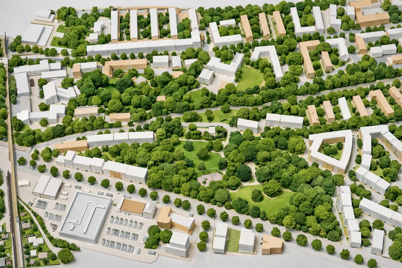 Luftaufnahme des Blohms Parks Hamburg-Horn – Grünanlage in der Horner Geest aus der Vogelperspektive im Architekturmodellstil