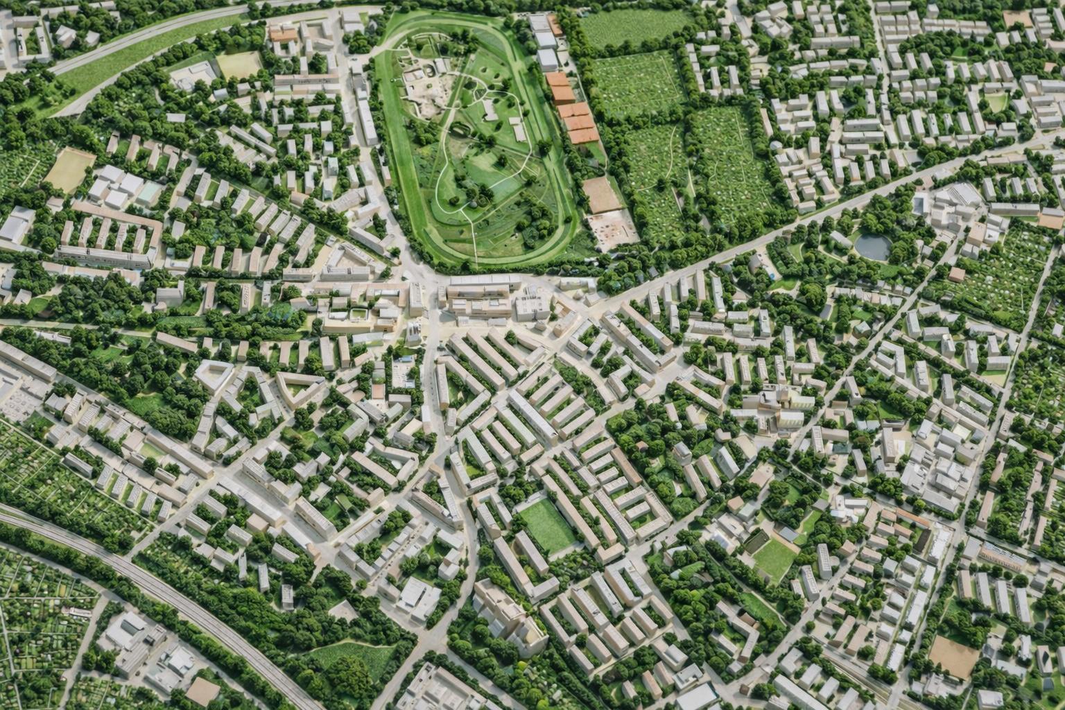 Horner Geest Hamburg-Horn – Luftaufnahme der Landschaftsachse mit Grünem Loop im Architekturmodellstil, grüne Verbindungsachse durch den Stadtteil