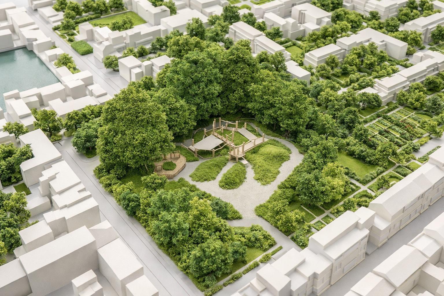 Spielplatz Hamburg-Horn – naturnahe Freifläche für Kinder im Architekturmodellstil, frühkindliche Förderung in sozialer Infrastruktur