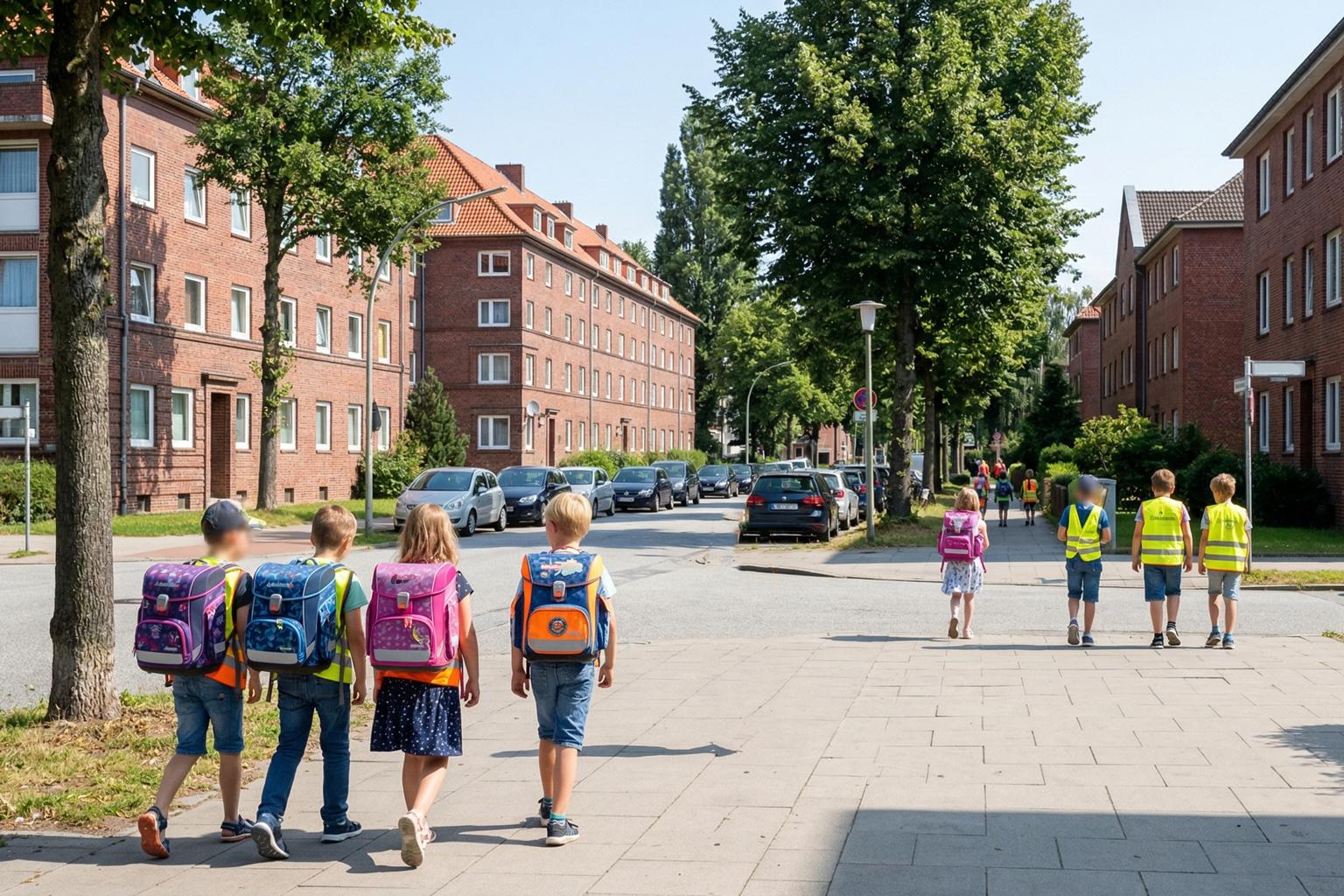 Kinder auf dem Gehweg – sicherer Schulweg in Hamburg-Horn