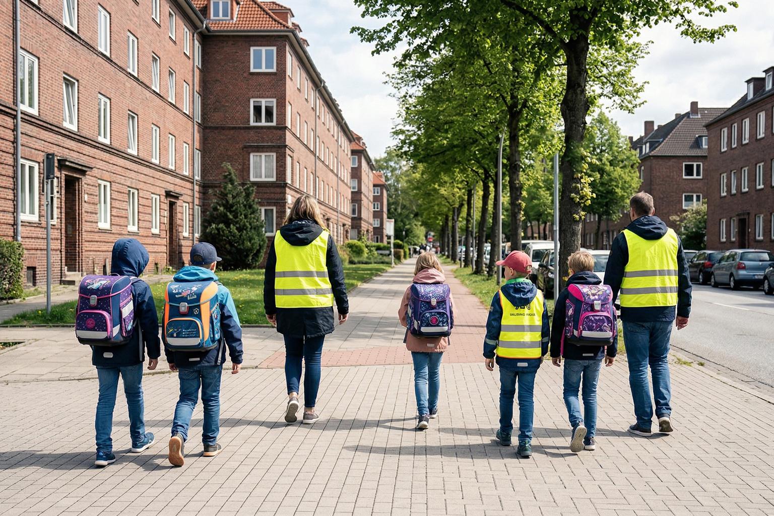 Kinder und Erwachsene als Walking Bus auf dem Schulweg in Hamburg-Horn
