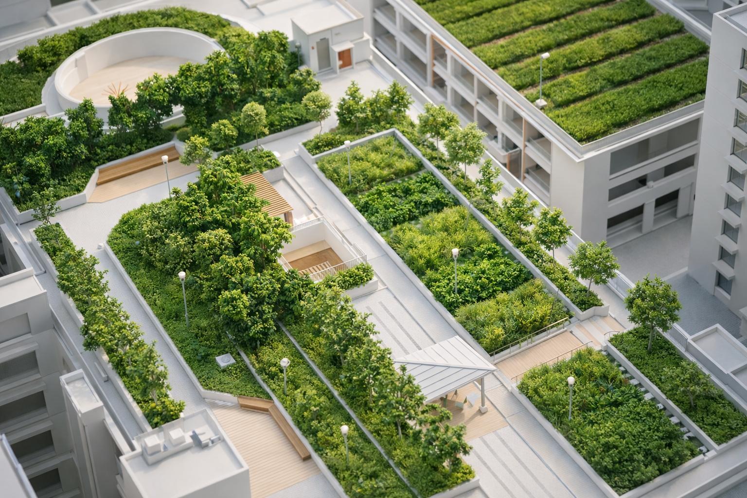 Schwammstadt-Prinzip Hamburg-Horn – Symbolbild für dezentrale Regenwasserbewirtschaftung und Klimaanpassung aus der Vogelperspektive im Architekturmodellstil