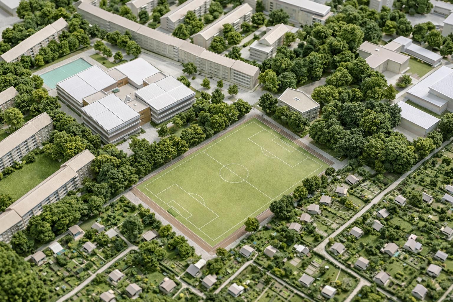 Sportanlage Snitgerreihe Hamburg-Horn – Luftaufnahme der vollinklusiven Sportanlage in ihrer Gesamtheit im Architekturmodellstil, klimaresilient ausgebaut für 6,9 Millionen Euro