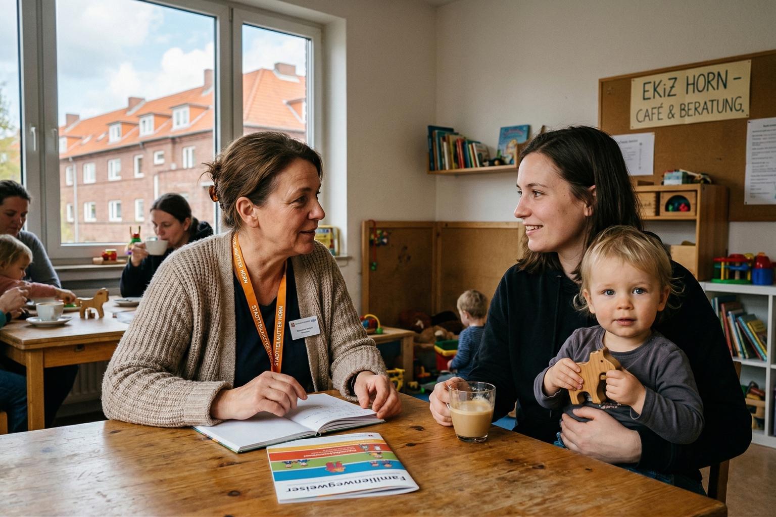Stadtteilmutter im Gespräch mit einer Familie – Symbolbild für Peer-to-Peer-Beratung in Hamburg-Horn