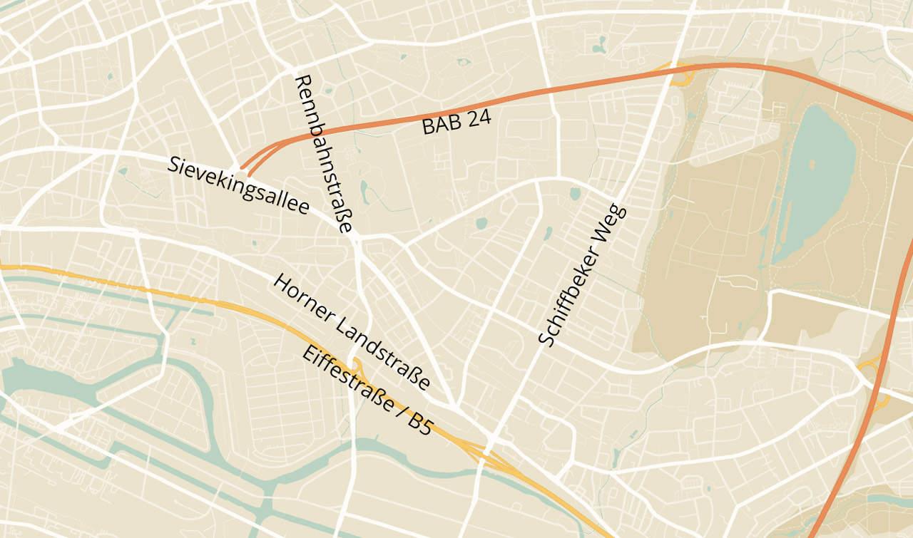 Verkehr Hamburg-Horn – Straßennetz mit Hauptverkehrsachsen wie Rennbahnstraße und Sievekingsallee
